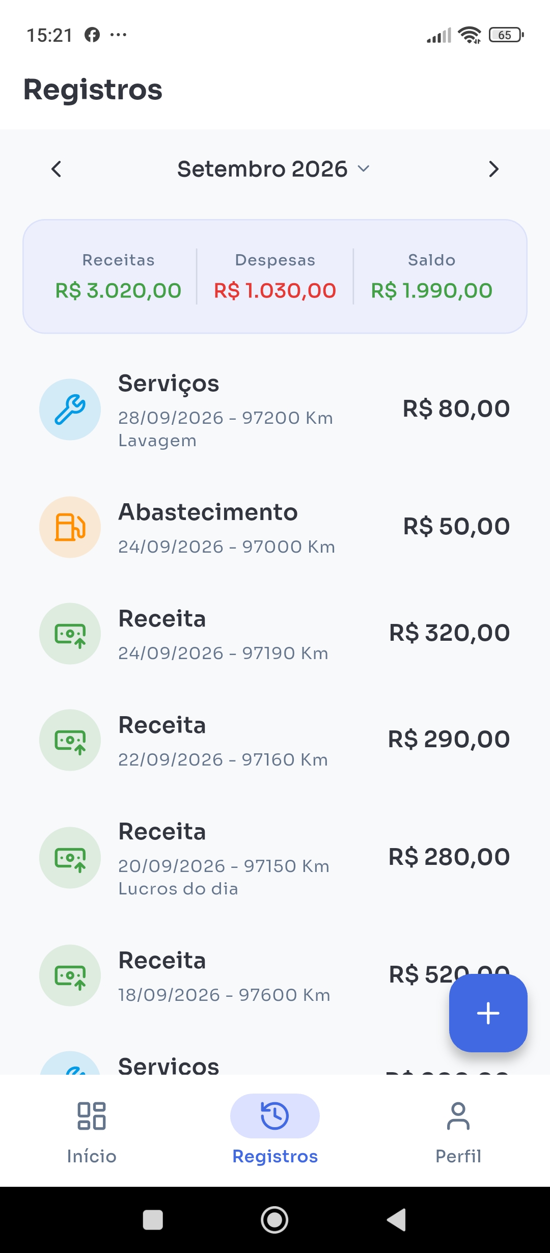 Histórico diário de lançamentos e gastos